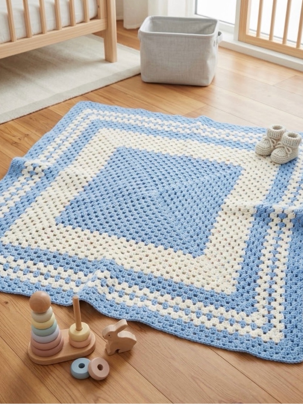 Cozy Handmade Crochet Baby Blanket Blue Cream Pastel Speckled Granny Square